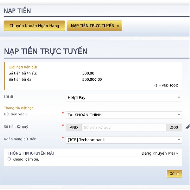 Các bước nạp tiền bằng cách trực tuyến
