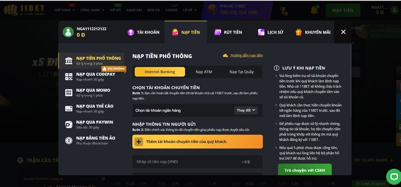 Phương thức thanh toán tại 11BET cung cấp rất đa dạng