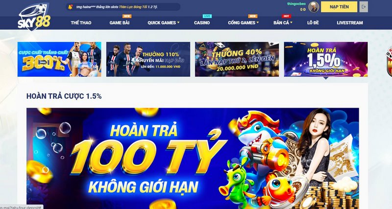 Hoàn trả tiền cược 1.5% cho mọi sảnh chơi tại nhà cái Sky88