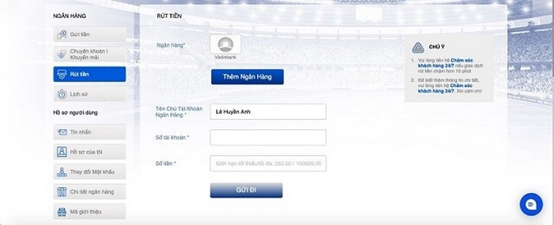 Rút tiền BK8 về ngân hàng diễn ra nhanh và không mất phí